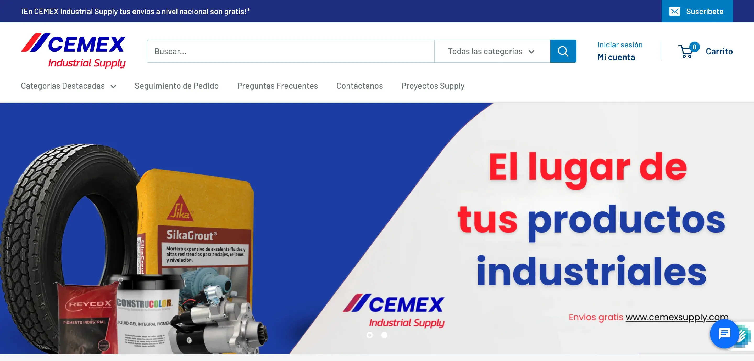 Captura de la plataforma CEMEX Supply con su catálogo de productos industriales