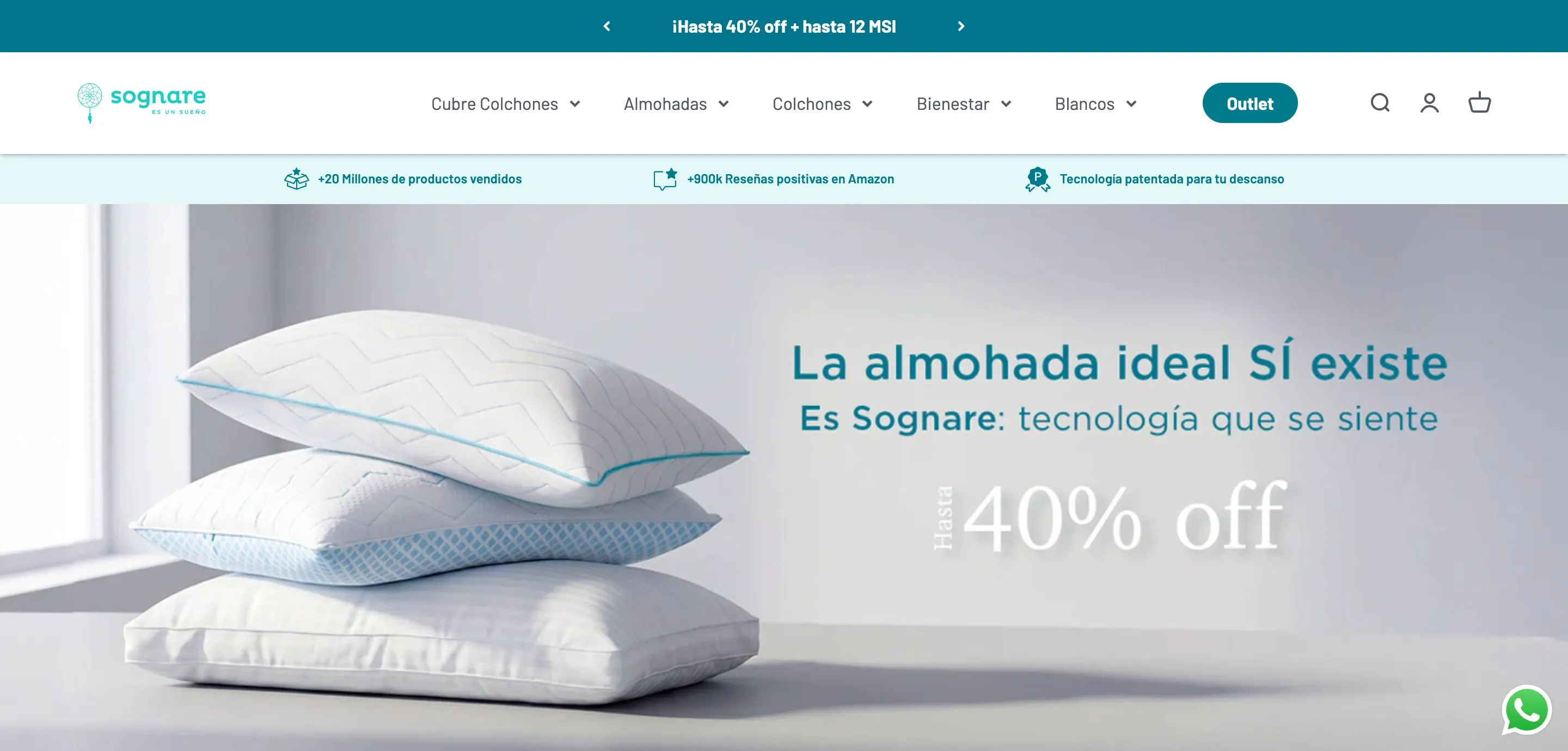 Captura de la tienda Sognare mostrando su outlet de colchones y almohadas